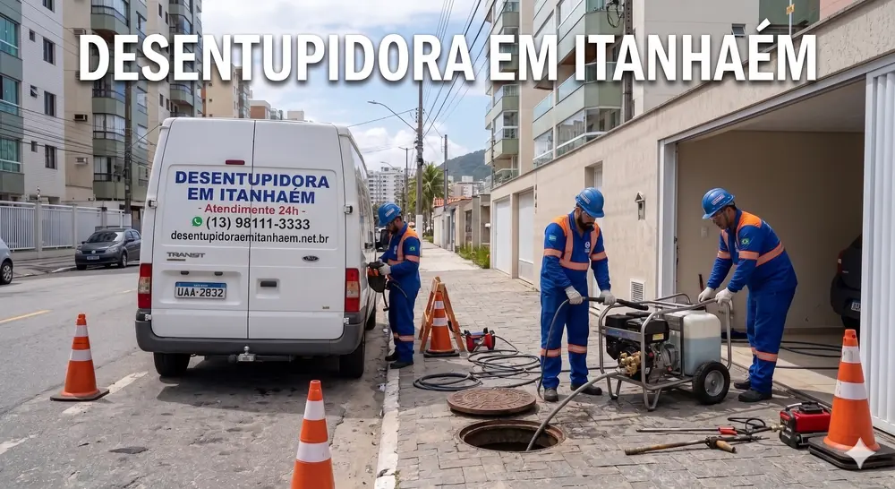 Equipe da desentupidora em Itanhaem em atendimento local